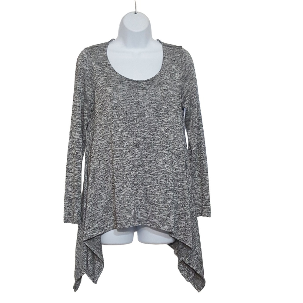 ANA Top Women's M Black Gray Sparkle Long Sleeve Sharkbite Hem Round Neck